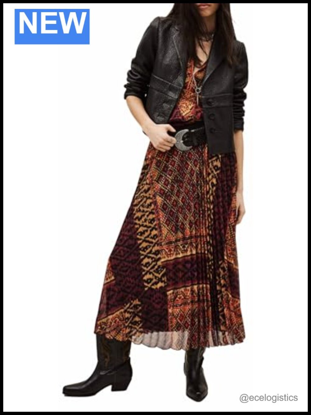 Pleated Flared Midi Skirt Folk Print Embellished Belt Workwear